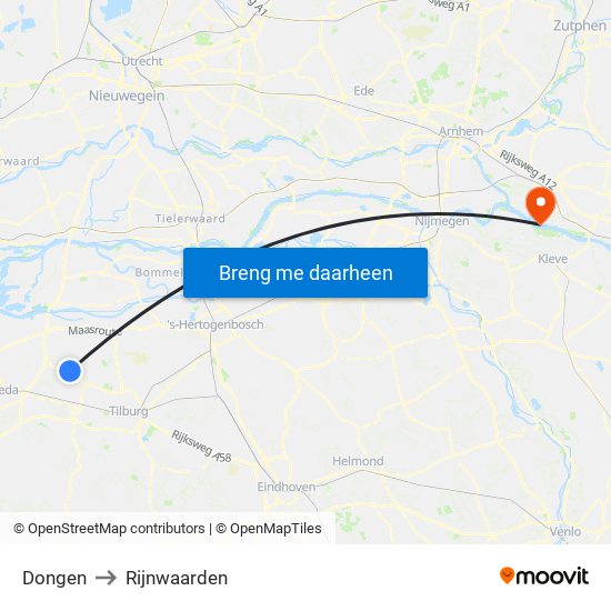 Dongen to Rijnwaarden map