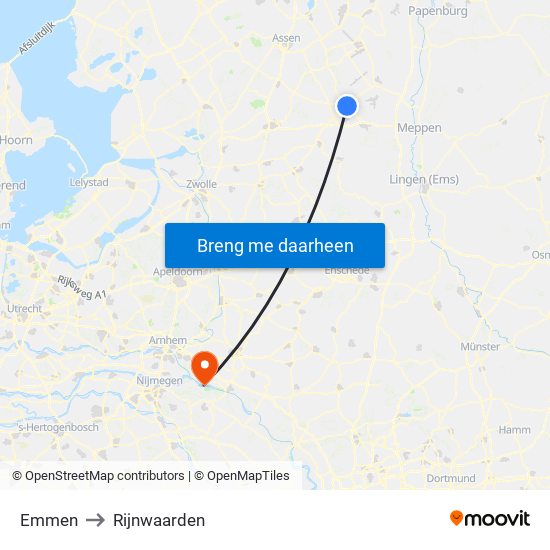 Emmen to Rijnwaarden map