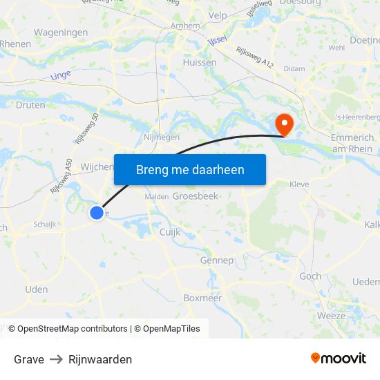 Grave to Rijnwaarden map