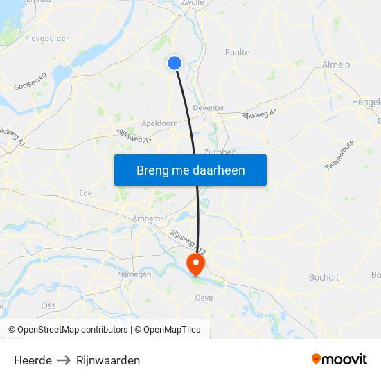 Heerde to Rijnwaarden map
