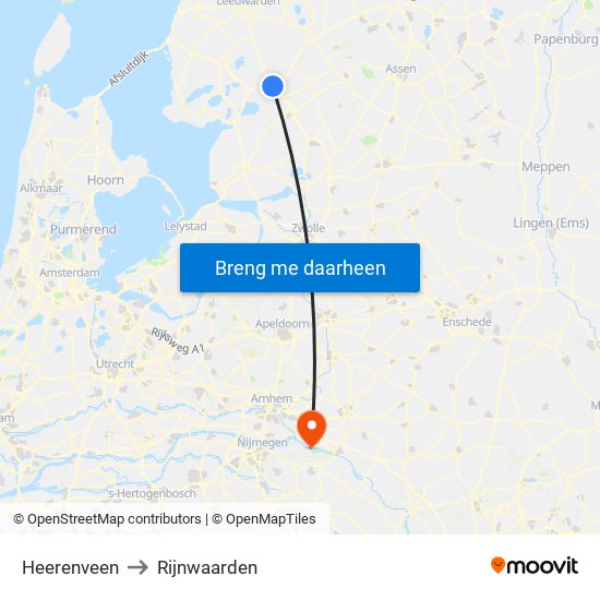 Heerenveen to Rijnwaarden map