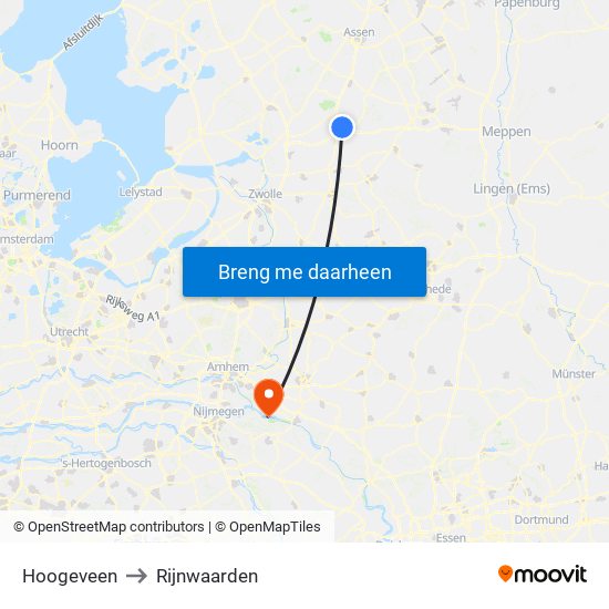 Hoogeveen to Rijnwaarden map