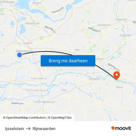 Ijsselstein to Rijnwaarden map