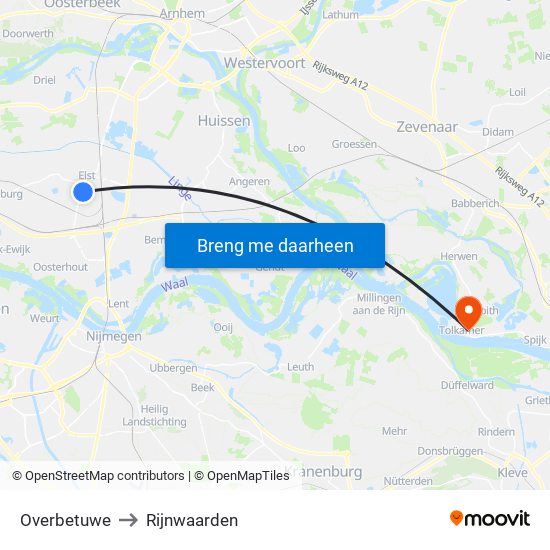 Overbetuwe to Rijnwaarden map