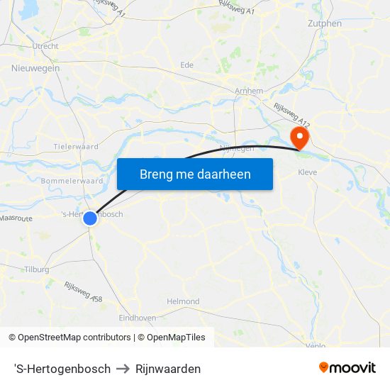 'S-Hertogenbosch to Rijnwaarden map