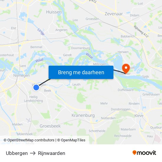 Ubbergen to Rijnwaarden map