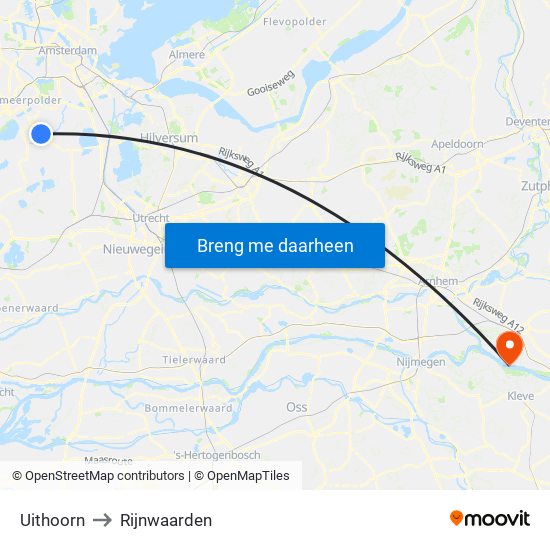 Uithoorn to Rijnwaarden map