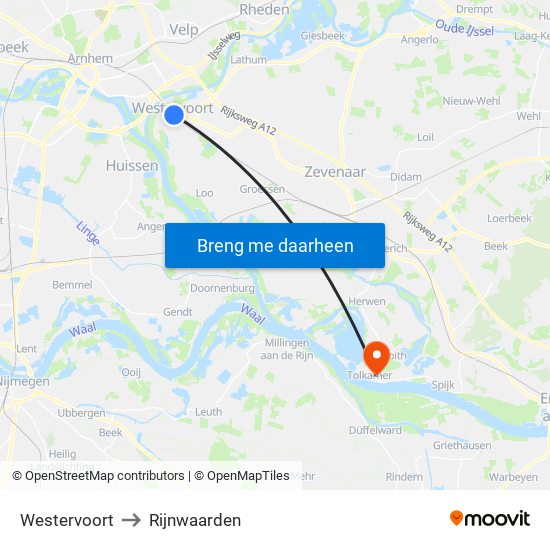Westervoort to Rijnwaarden map