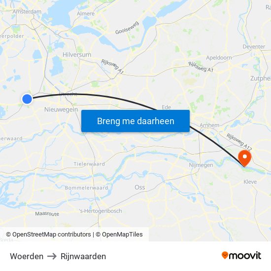 Woerden to Rijnwaarden map