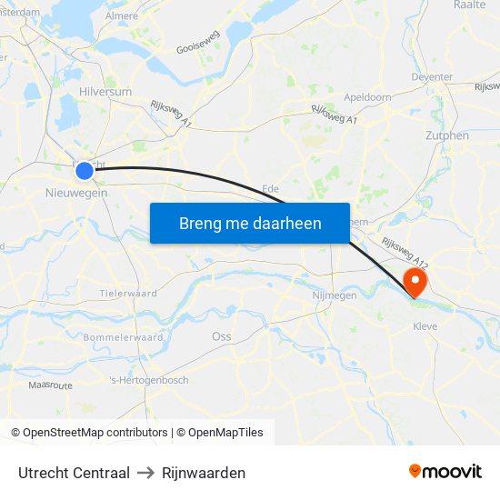 Utrecht Centraal to Rijnwaarden map