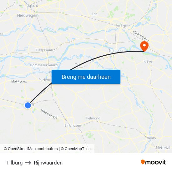 Tilburg to Rijnwaarden map