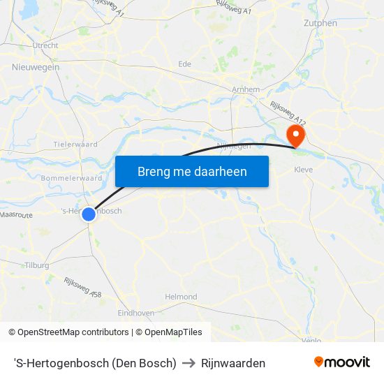 'S-Hertogenbosch (Den Bosch) to Rijnwaarden map