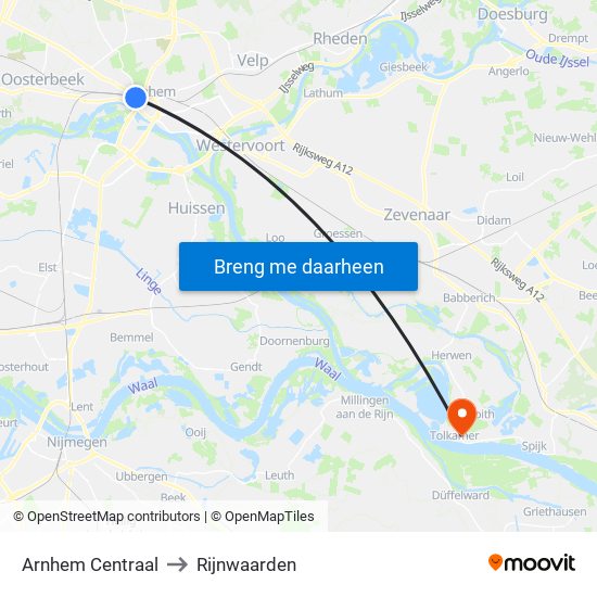 Arnhem Centraal to Rijnwaarden map