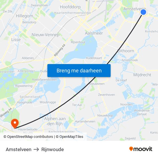 Amstelveen to Rijnwoude map