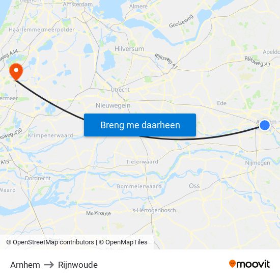 Arnhem to Rijnwoude map