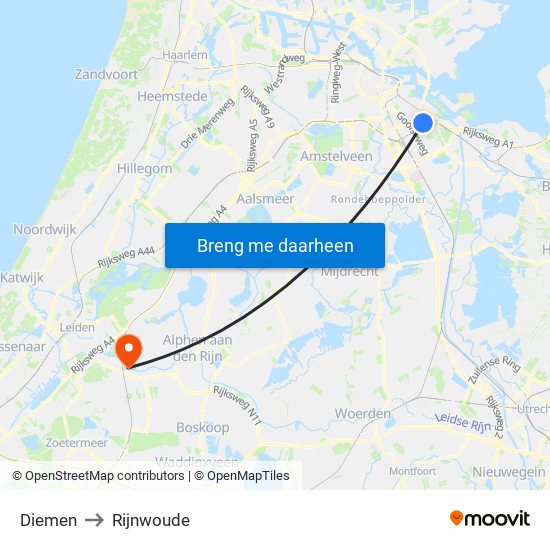 Diemen to Rijnwoude map