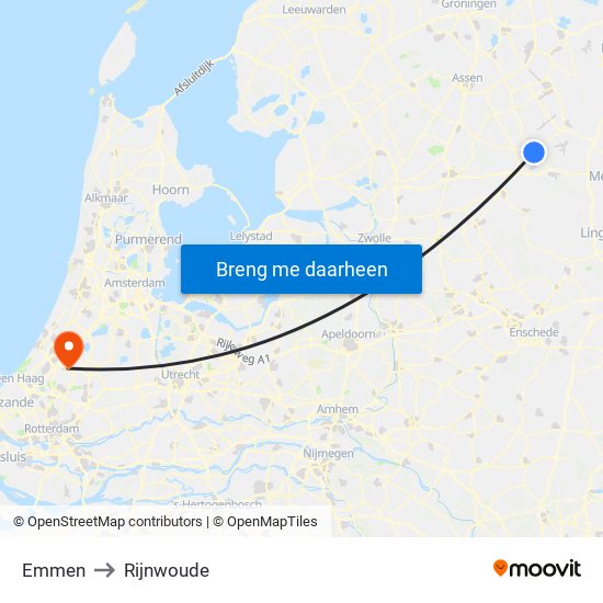 Emmen to Rijnwoude map