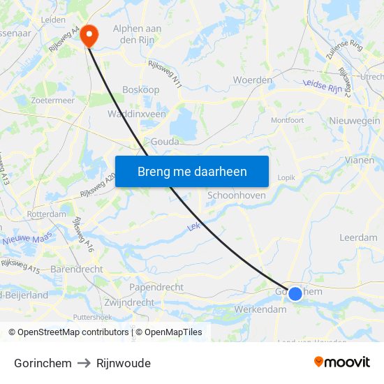 Gorinchem to Rijnwoude map