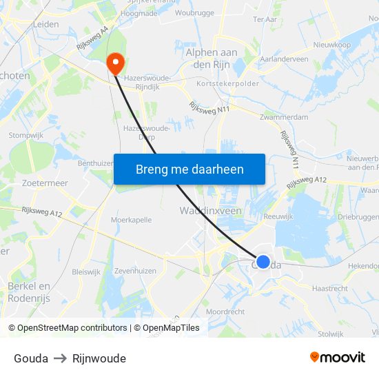 Gouda to Rijnwoude map