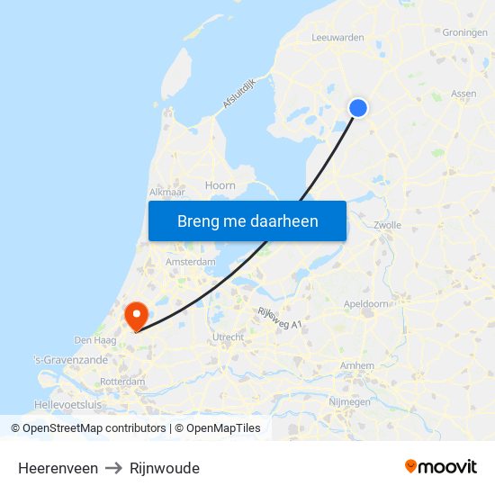 Heerenveen to Rijnwoude map