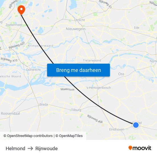 Helmond to Rijnwoude map