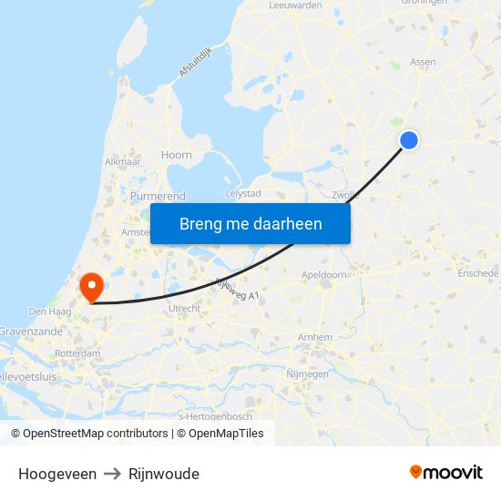 Hoogeveen to Rijnwoude map