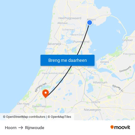 Hoorn to Rijnwoude map