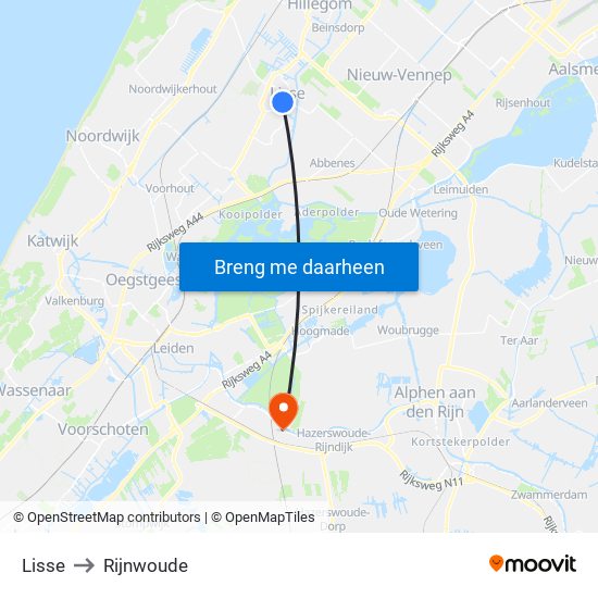 Lisse to Rijnwoude map
