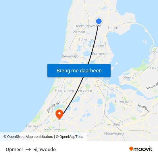 Opmeer to Rijnwoude map