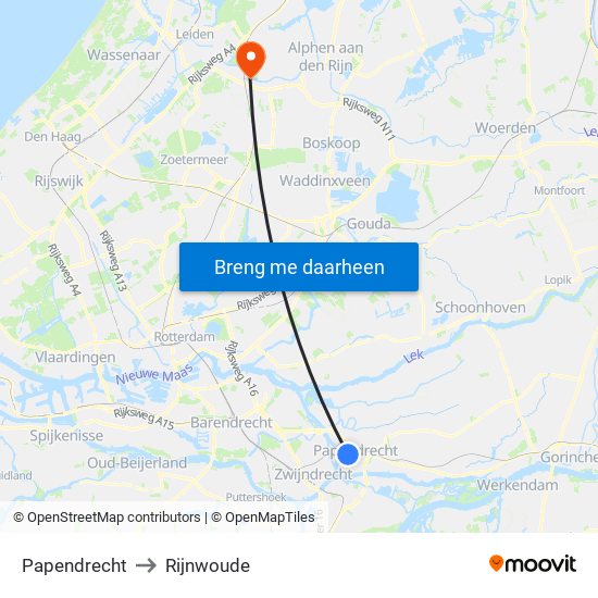 Papendrecht to Rijnwoude map