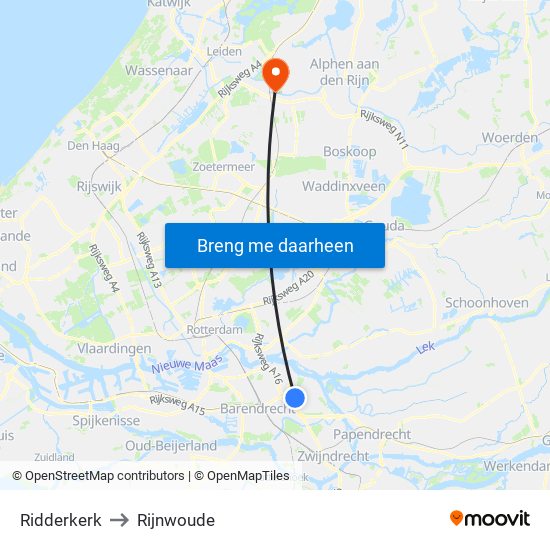 Ridderkerk to Rijnwoude map