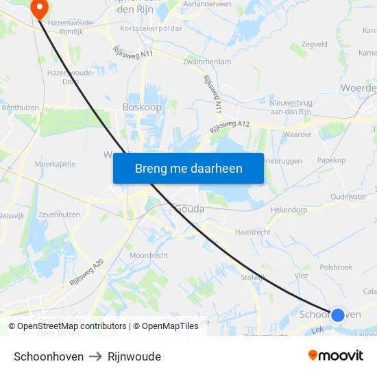 Schoonhoven to Rijnwoude map