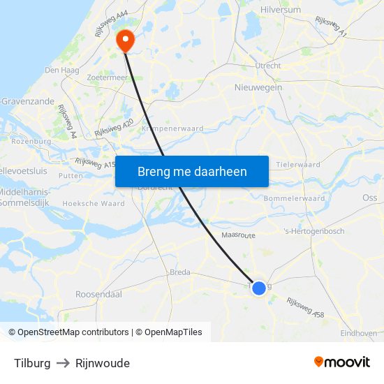 Tilburg to Rijnwoude map