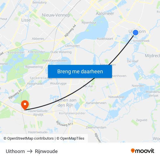 Uithoorn to Rijnwoude map