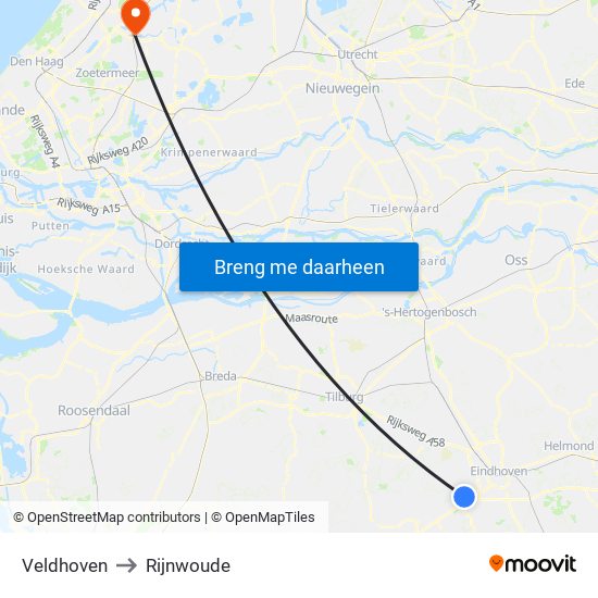 Veldhoven to Rijnwoude map