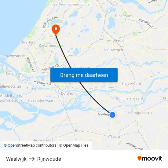 Waalwijk to Rijnwoude map