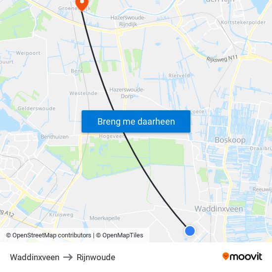 Waddinxveen to Rijnwoude map