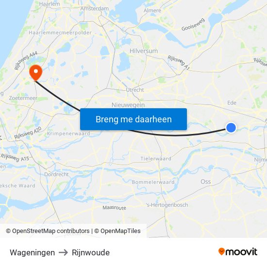 Wageningen to Rijnwoude map