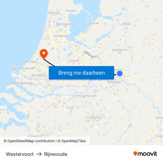 Westervoort to Rijnwoude map