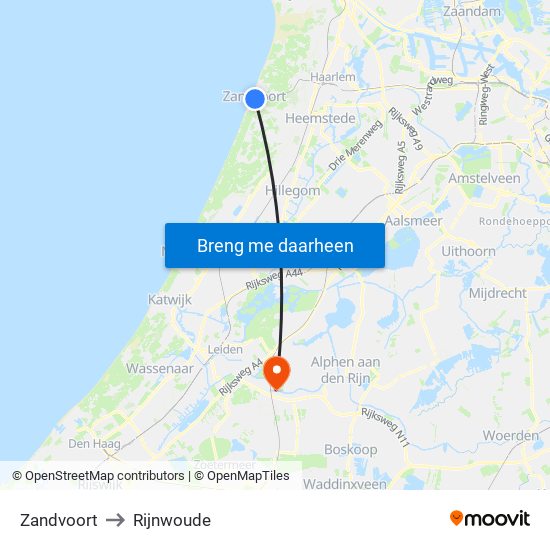 Zandvoort to Rijnwoude map