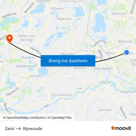 Zeist to Rijnwoude map