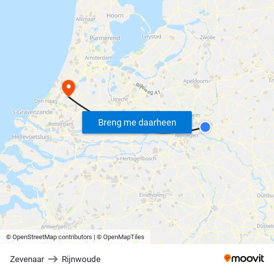 Zevenaar to Rijnwoude map
