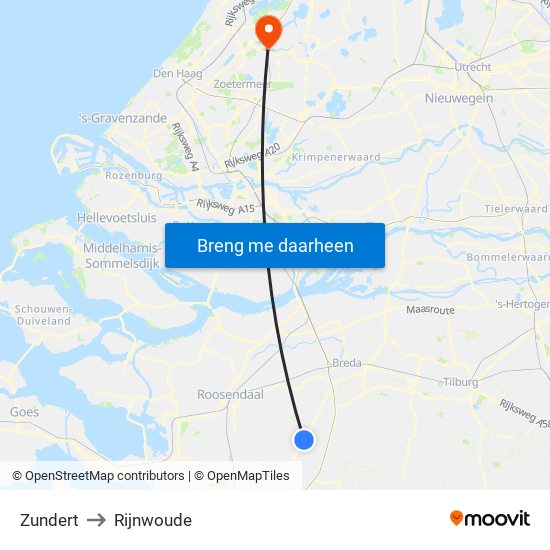 Zundert to Rijnwoude map