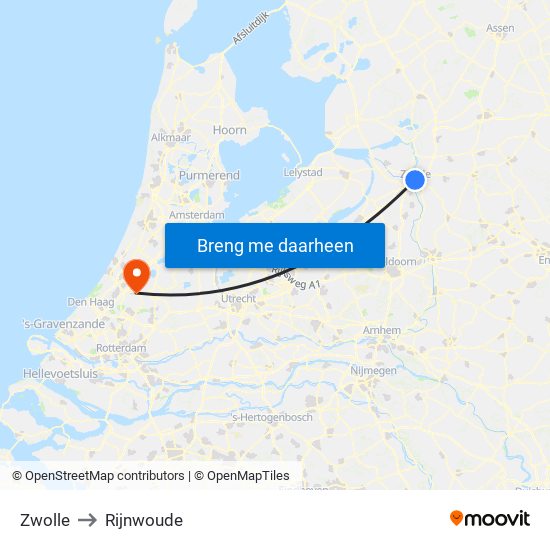 Zwolle to Rijnwoude map