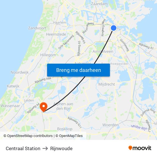 Centraal Station to Rijnwoude map