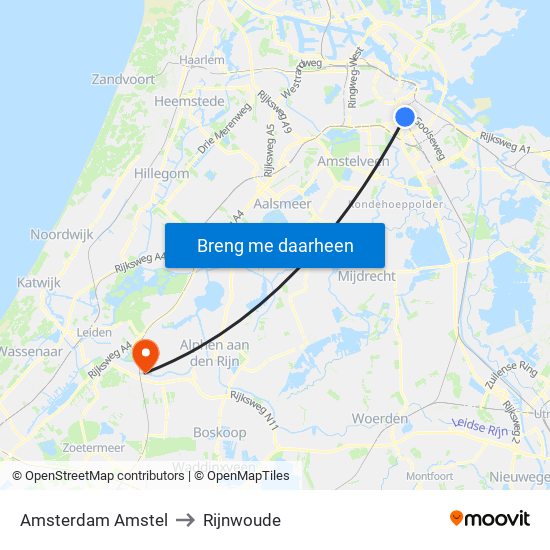 Amsterdam Amstel to Rijnwoude map