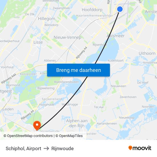 Schiphol, Airport to Rijnwoude map