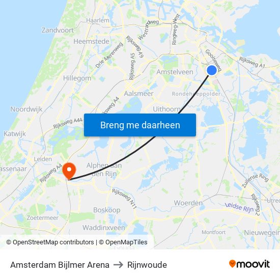 Amsterdam Bijlmer Arena to Rijnwoude map