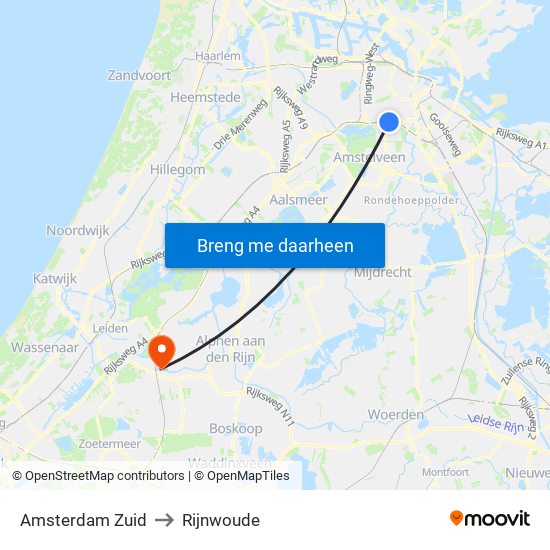 Amsterdam Zuid to Rijnwoude map