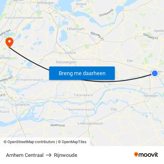 Arnhem Centraal to Rijnwoude map